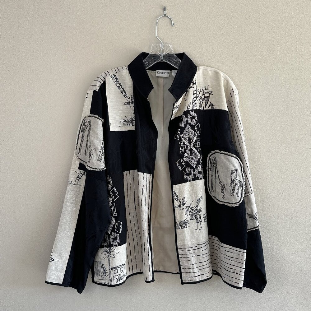 Chico's Silk and Linen Blend Patchwork Art to Wear Jacket, Black Cream, Large - Picture 4 of 11